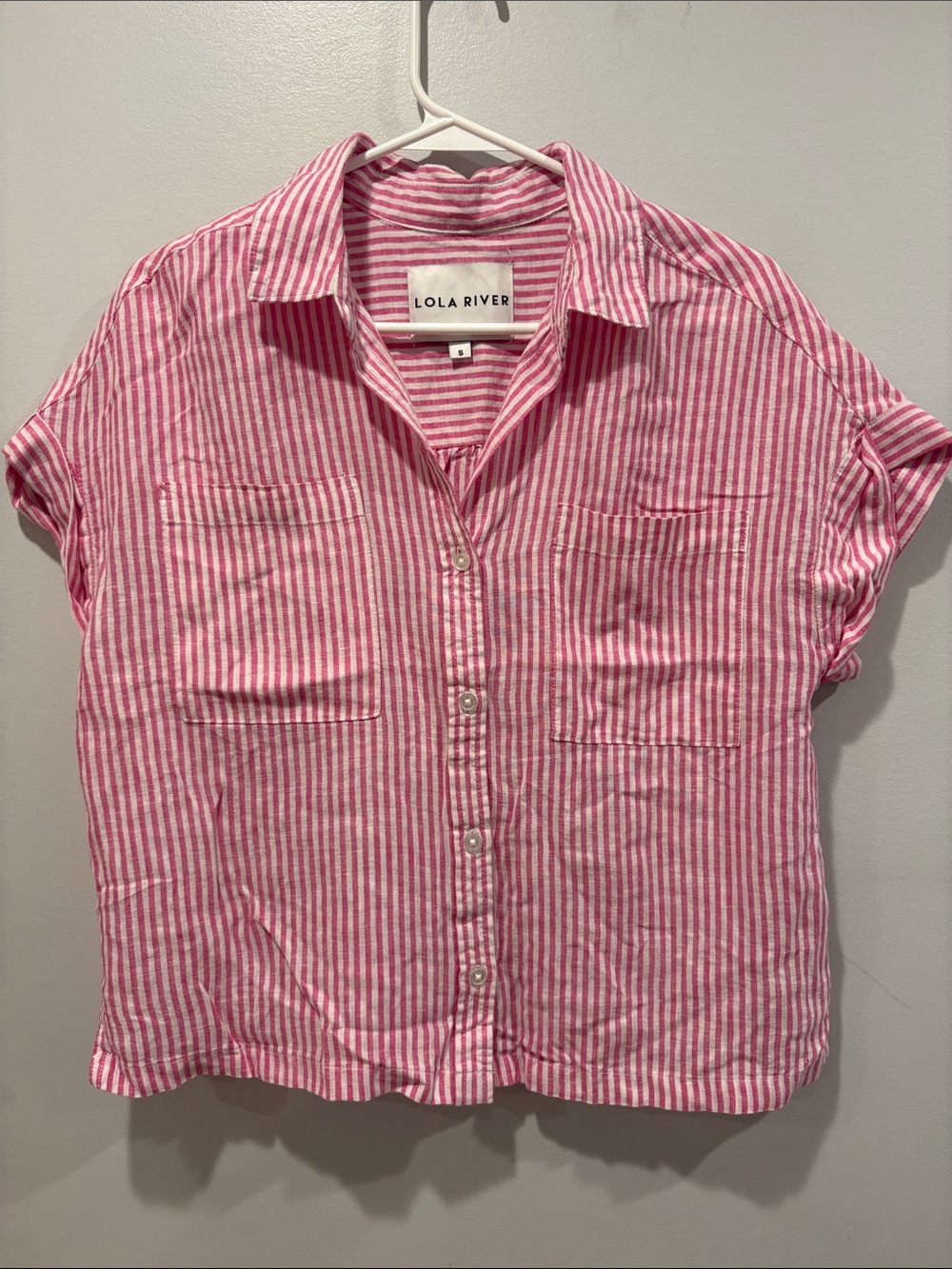 Lola River Pink Striped Button-Down Shirt ptp 22 length 23 linen NWOT